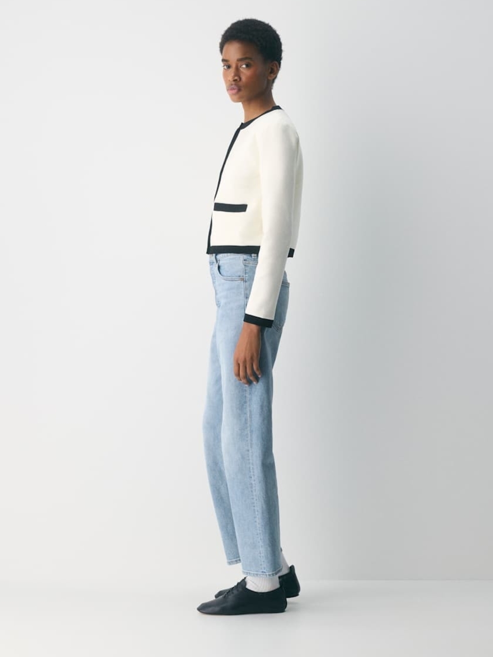Aritzia Babaton Cream Cardigan with Black Trim and Gold Button Accent - Picture 3 of 14